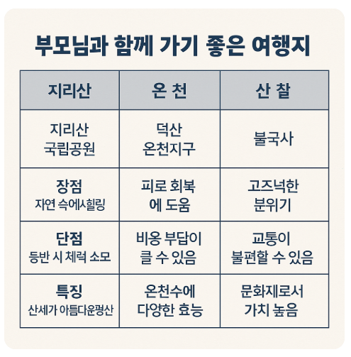 부모님과 함께 가지 좋은 여행지와 장단점 특징을 정리한 표로 정리한 이미지