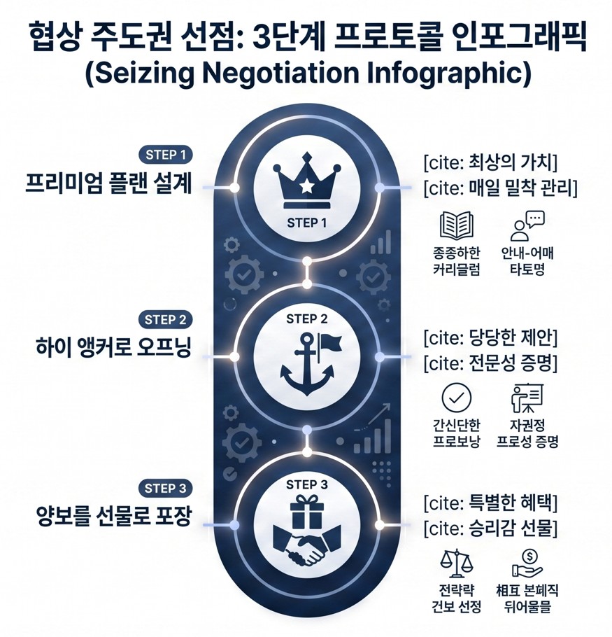 (#02 앵커링 효과) 핵심인 '협상 주도권 선점: 3단계 프로토콜 인포그래픽'. 세로형 타임라인 형식으로, 상단부터 STEP 1 '프리미엄 플랜 설계' (, 키워드와 커리큘럼/1:1 수업 아이콘) &rarr; STEP 2 '하이 앵커로 오프닝' (, 키워드와 발표 아이콘) &rarr; STEP 3 '양보를 선물로 포장' (, 키워드와 악수/선물 상자 아이콘)이 연결된 구조를 보여줌. 네이비 블루와 화이트 톤의 미니멀 플랫 디자인이며 하단에 '저장&middot;공유하기' 문구가 포함됨.