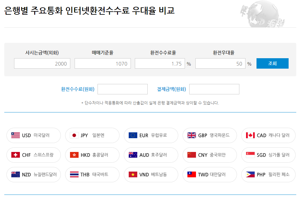 인터넷환전수수료 우대율 화면