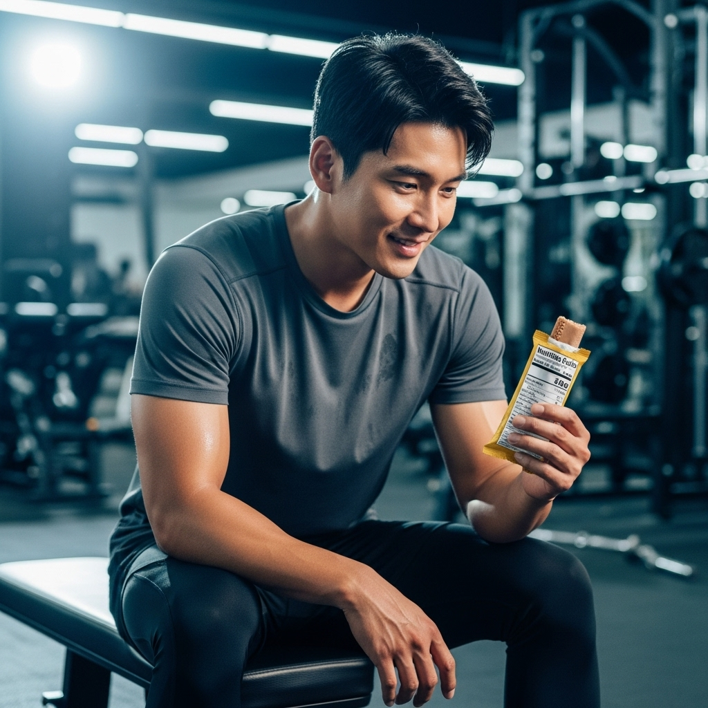 운동복을 입은 한 남성이 운동 후 추천된 단백질 바의 성분표를 확인하며 만족스럽게 먹으려는 모습