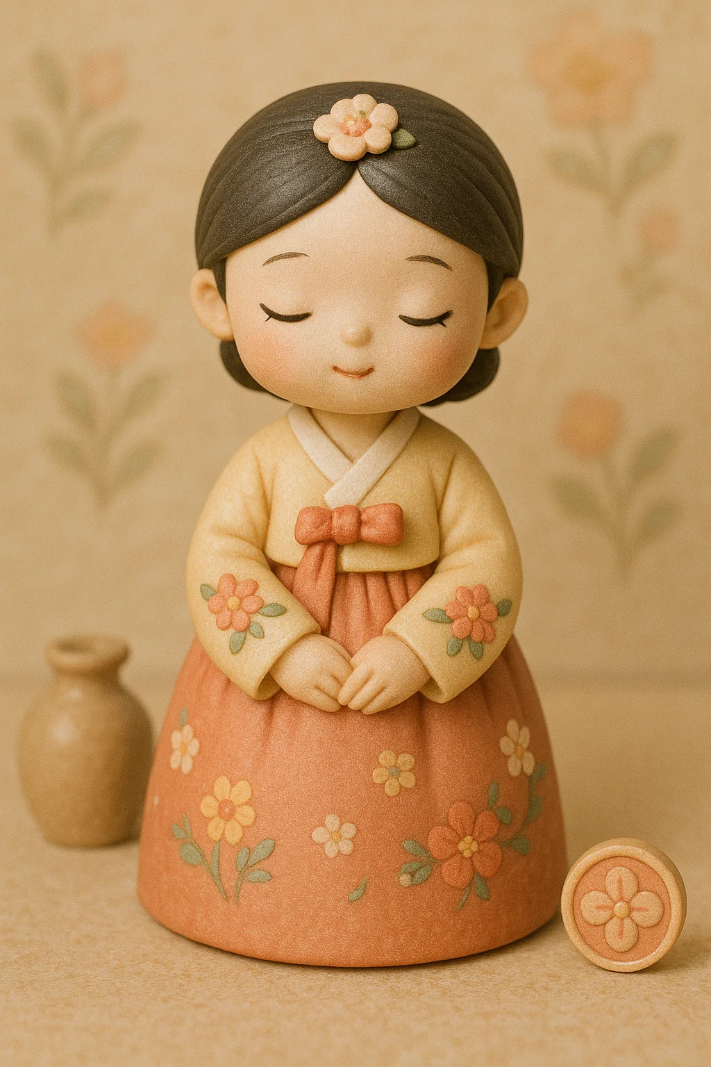 전통 한복을 입은 한국 소녀 피규어, 작은 장식품과 꽃 문양 디테일, 따뜻한 파스텔 색감, 인형 전시용 스타일