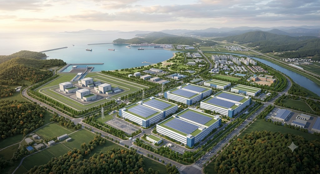 첨단 인공지능 데이터센터 단지와 그 인근에 안전하게 배치된 차세대 소형모듈원자로 조감도 그래픽 이미지