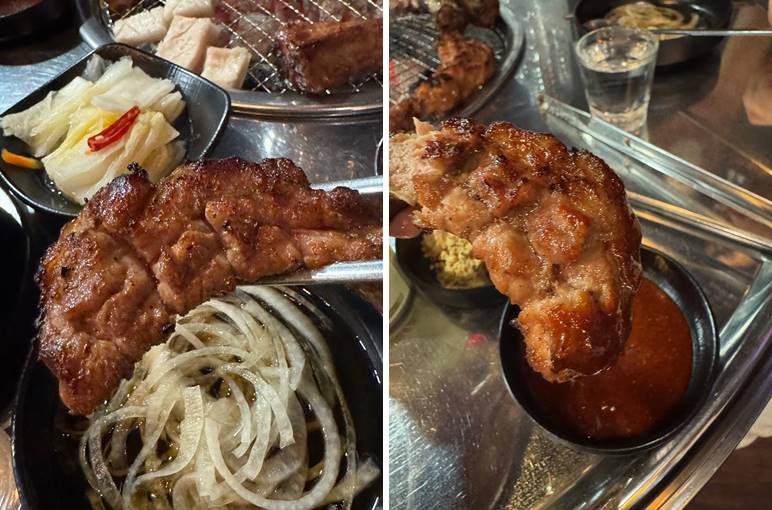 양파절임과 매콤 소스에 찍어먹는 록갈비