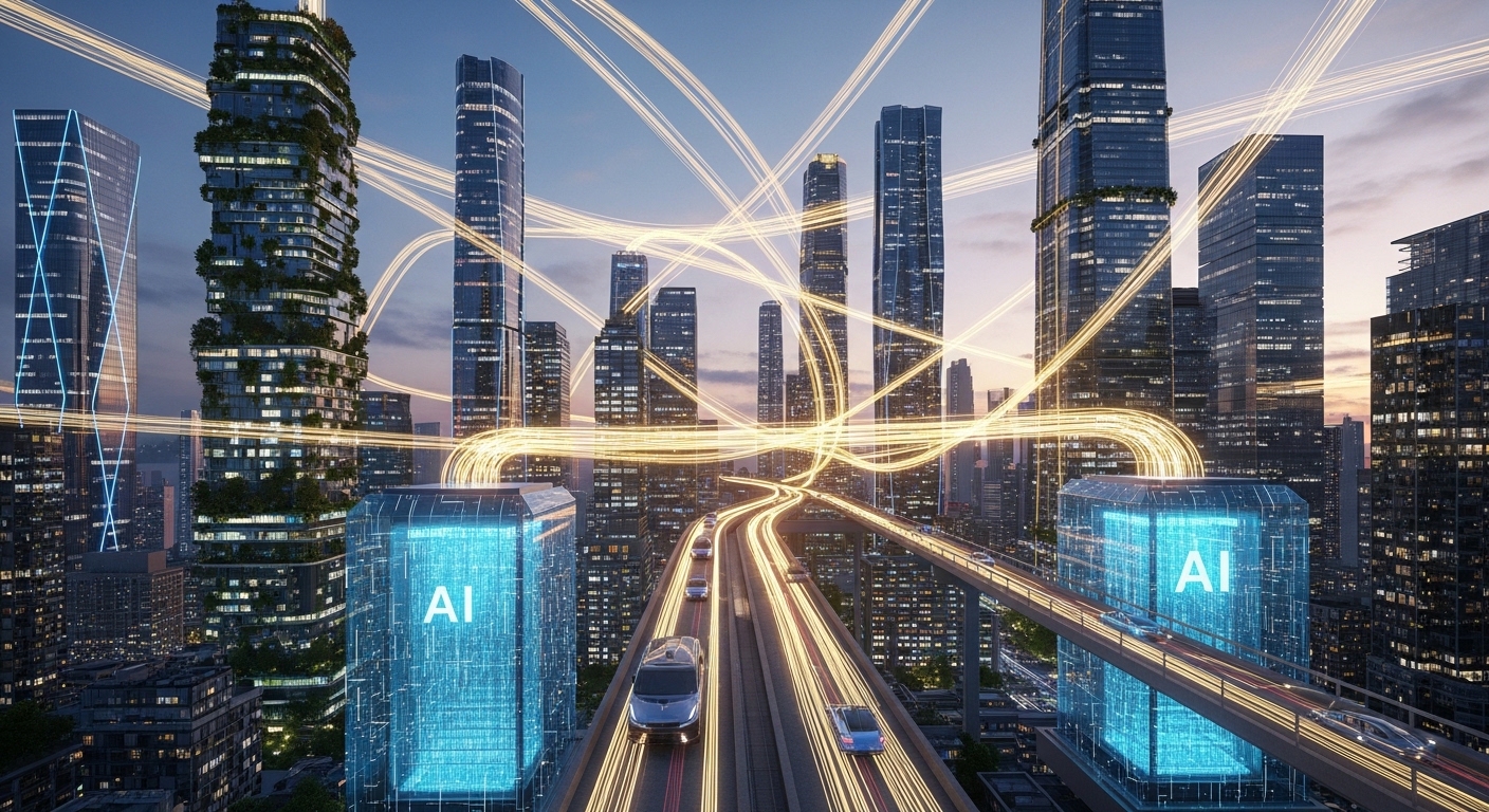 Future city landscape where electric cars and AI data center servers are connected by wires, with golden energy flowing through them.