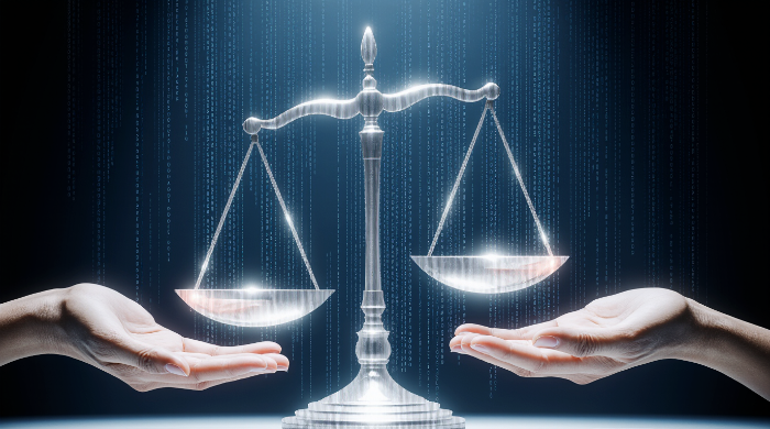 디지털 코드로 만들어진 정의의 저울이 인간의 손 사이에서 균형을 이루는 이미지