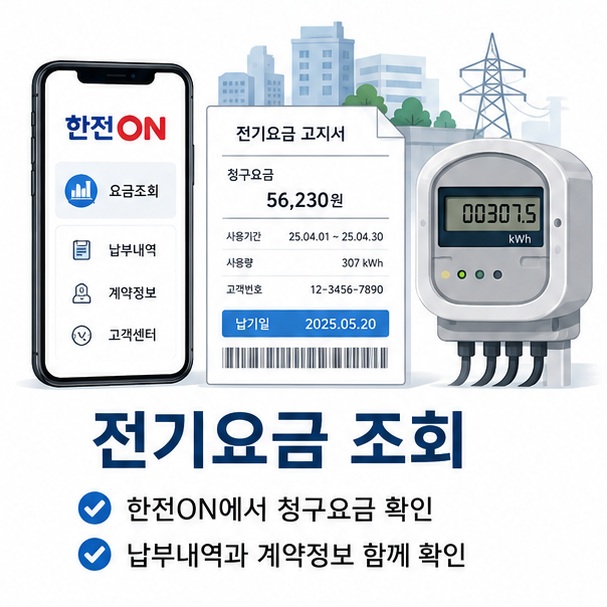 스마트폰의 한전ON과 전기요금 고지서를 통해 한국전력의 온라인 서비스에서 청구된 전기요금과 납부정보를 확인할 수 있음을 보여 주는 그림