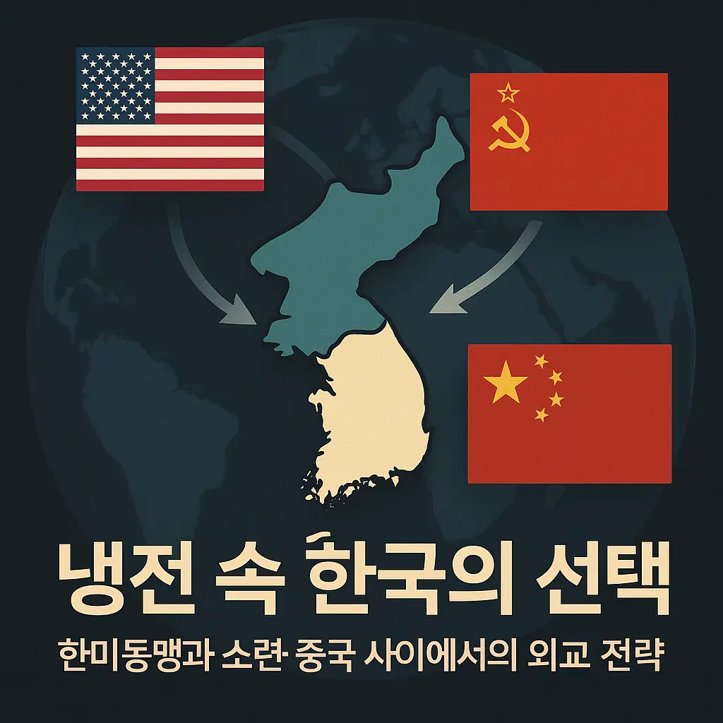 냉전 속 한국 외교 전략을 상징하는 한반도 지도와 미국&middot;소련&middot;중국 국기 인포그래픽