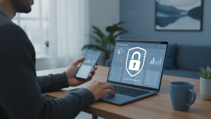 안정적으로 재정을 관리하는 사람의 모습, 노트북 화면에 자물쇠 아이콘이 있는 보안된 은행 계좌 인터페이스가 보입니다.
