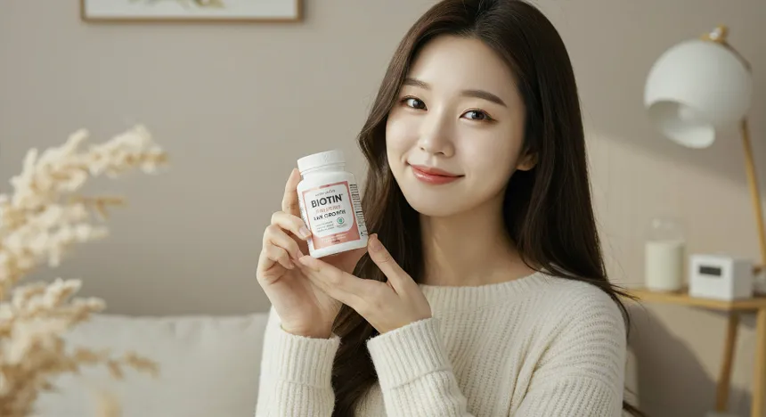 거실에서 비오틴 영양제를 들고있는 여자 이미지