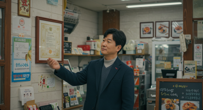 벽에 걸린 사업자등록증을 바라보는 자영업자 사진