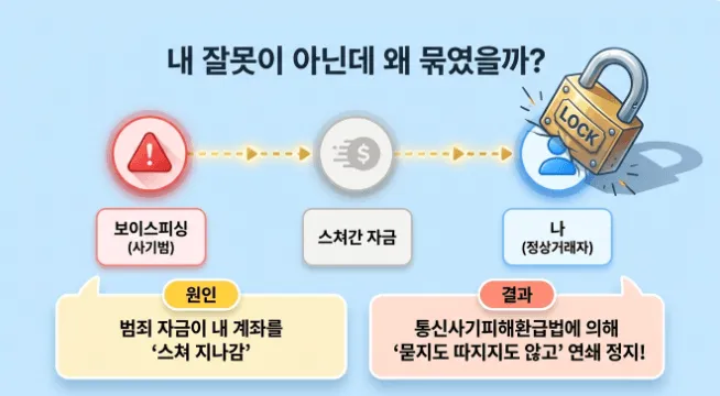 사기이용계좌 지급정지가 발생하는 원인을 설명하는 인포그래픽입니다. 보이스피싱 사기범이 보낸 범죄 자금이 정상 거래자의 계좌를 스쳐 지나가는 구조를 보여주며, 통신사기피해환급법에 의해 내 잘못이 아니어도 묻지도 따지지도 않고 연쇄 정지되는 과정을 시각적으로 표현합니다.