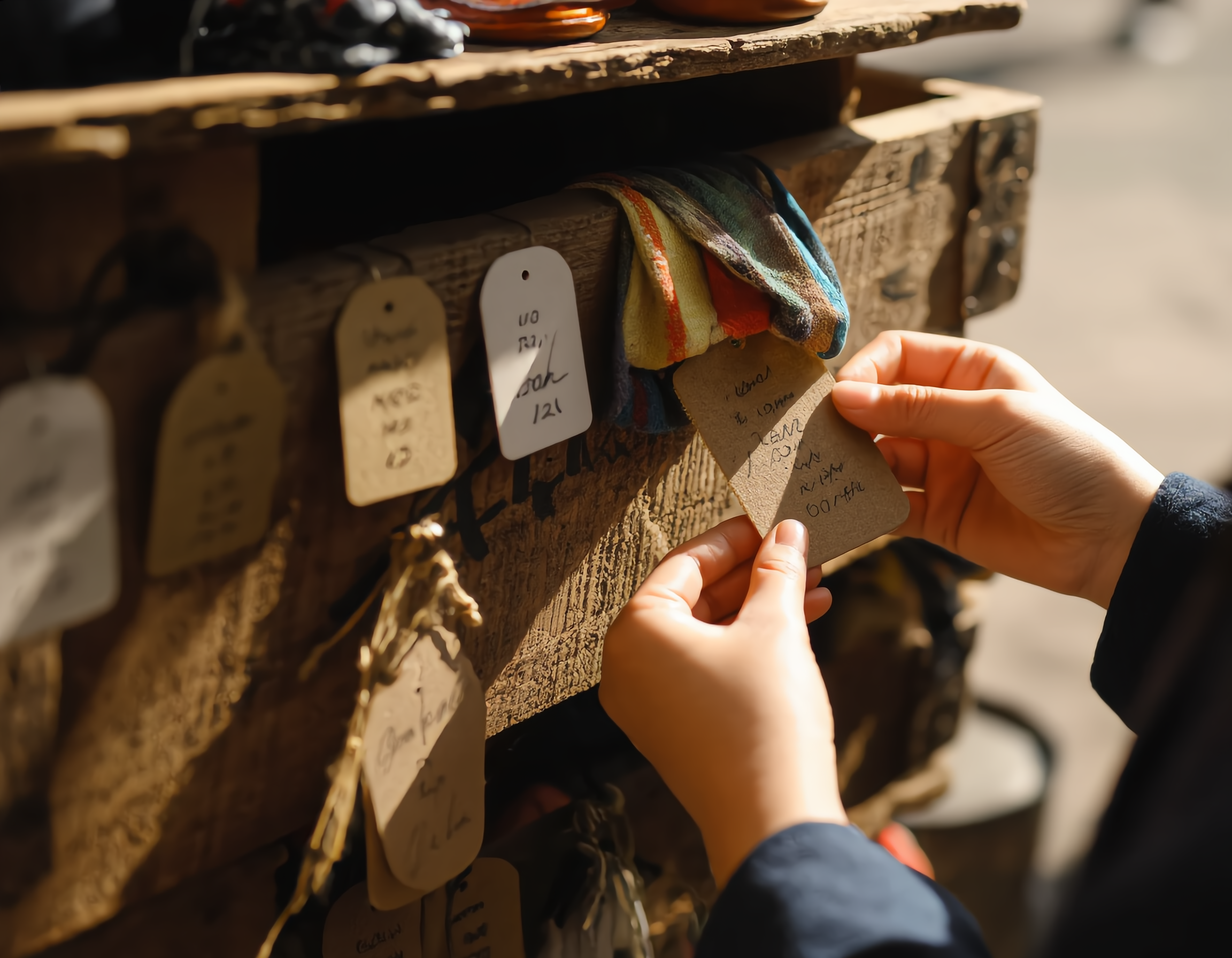 A vendor's hands carefully attach handwritten price tags to vintage clothing and quirky trinkets in a bustling flea market, capturing the tactile details of textured paper tags, weathered wooden crates, and colorful fabric folds under warm afternoon sunlight in an intimate close-up composition.