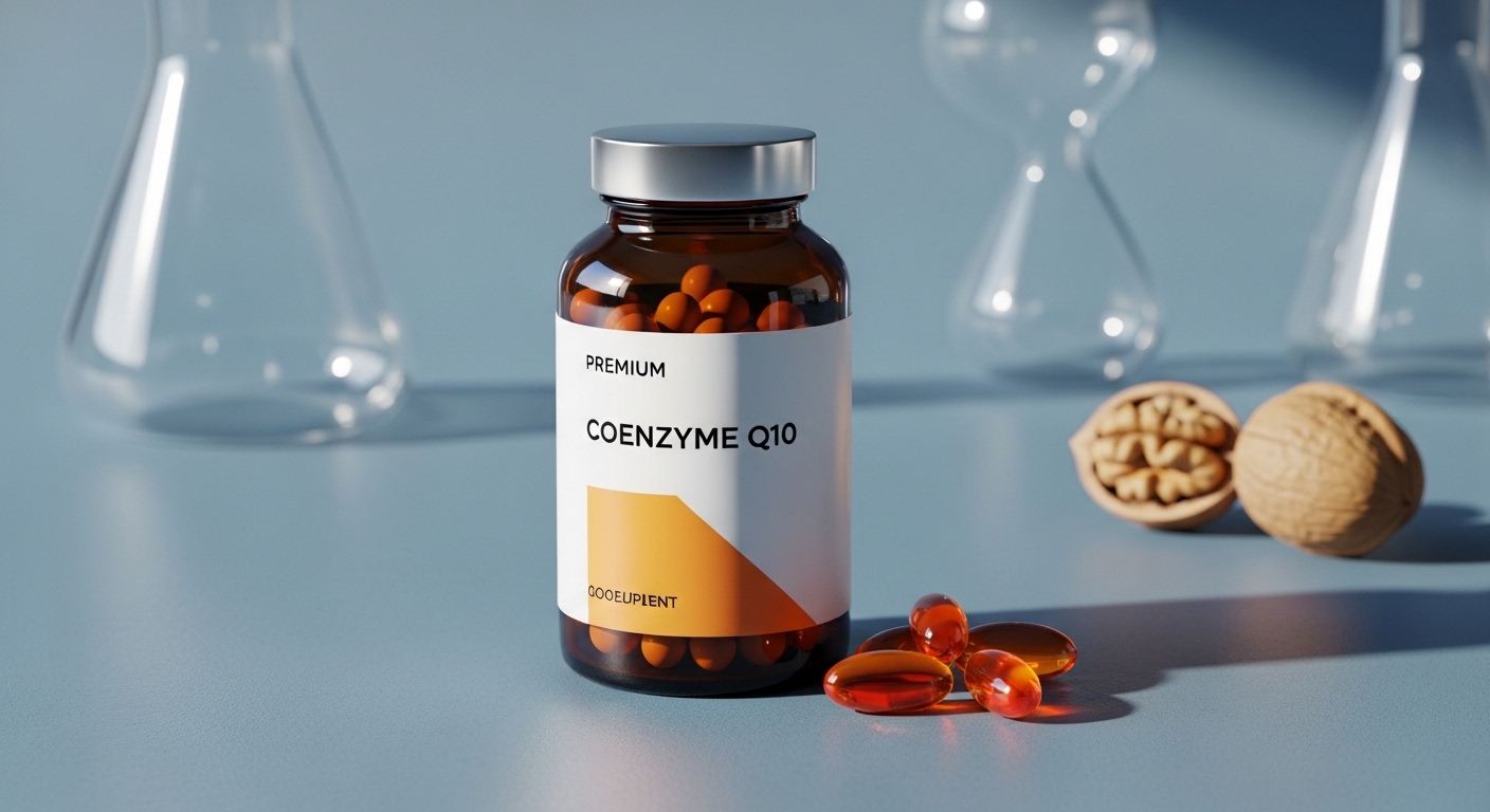 A professional shot of a Coenzyme Q10 supplement bottle and softgels on a blue-grey background, representing energy boost and anti-aging benefits