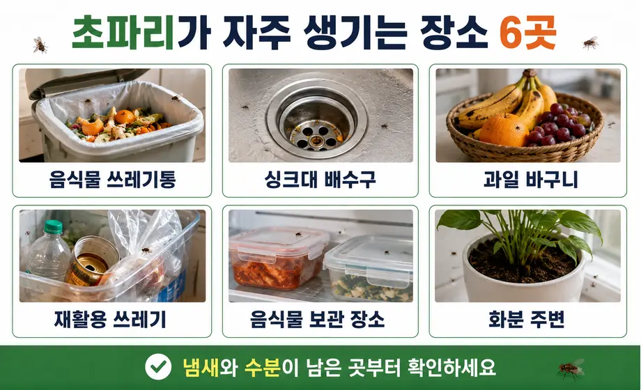 음식물 쓰레기통과 싱크대 배수구 등 초파리가 자주 생기는 장소 6곳