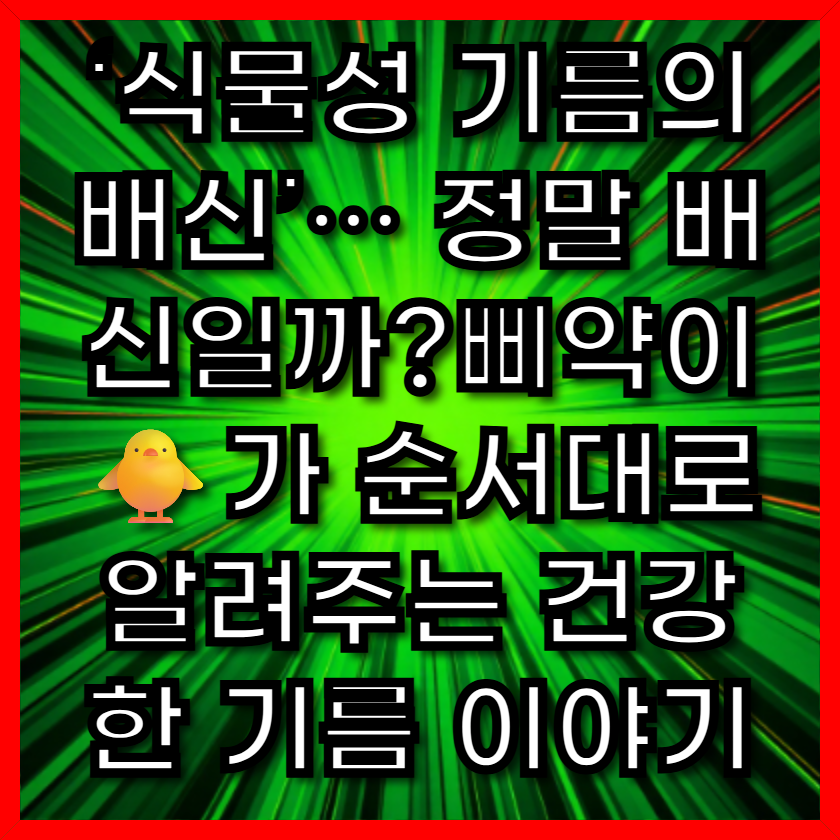 ‘식물성 기름의 배신’… 정말 배신일까?
삐약이🐥가 순서대로 알려주는 건강한 기름 이야기