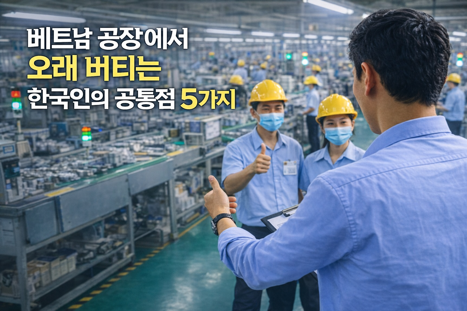 베트남 공장에서 오래 근무하는 한국인 관리자가 현지 직원들과 소통하는 모습