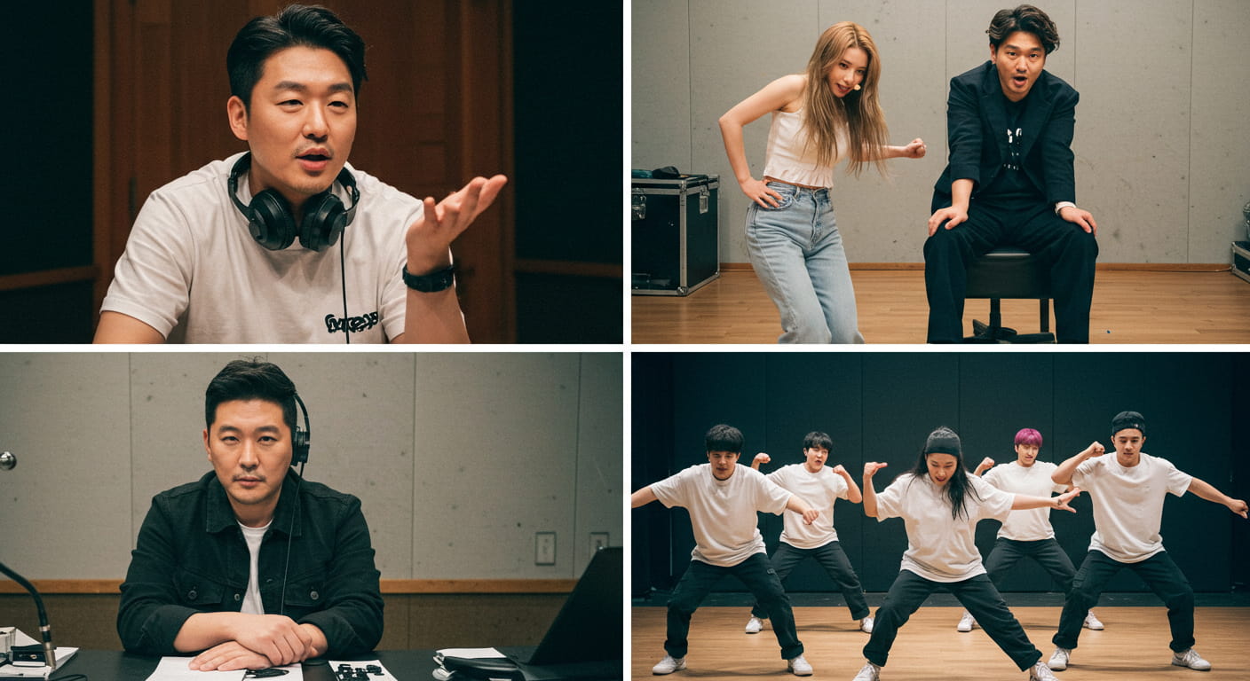 K팝 프로듀서와 애니메이션, 연습생들이 어우러진 예술적인 이미지