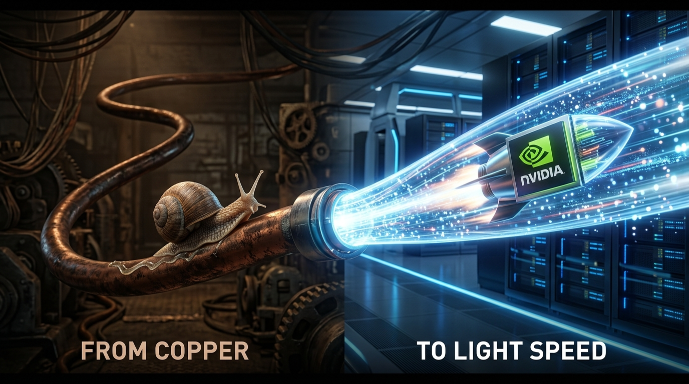 구리 전선 속을 기어가는 달팽이와 광섬유 속을 로켓처럼 날아가는 엔비디아 칩의 대비를 통해 광통신(Optical)의 혁신을 보여주는 화려한 3D 그래픽