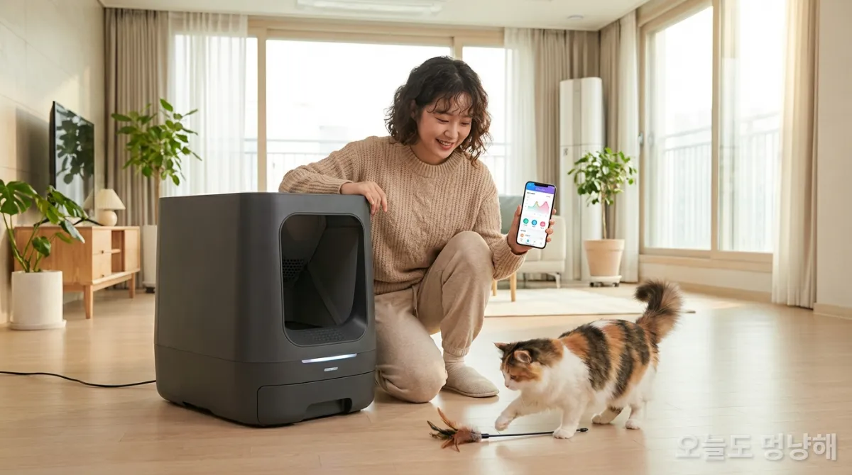 고양이 자동 화장실 앱으로 고양이 건강을 확인하는 한국 여성