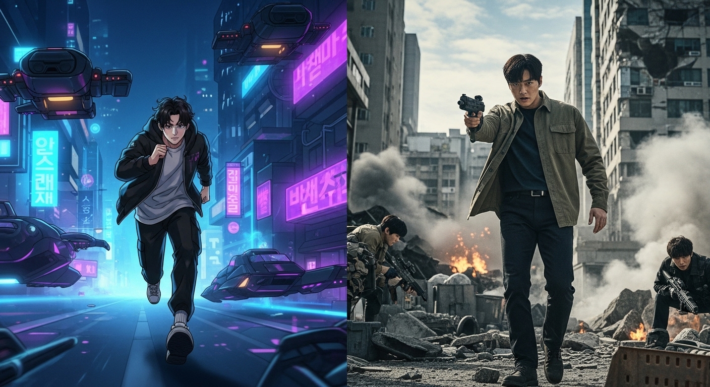 2025년 드라마 '더 러닝 맨'의 원작 웹 소설(또는 웹툰) 삽화와 드라마 속 장면을 비교하여 보여주는 이미지. 각색의 차이점을 시각적으로 나타냅니다.