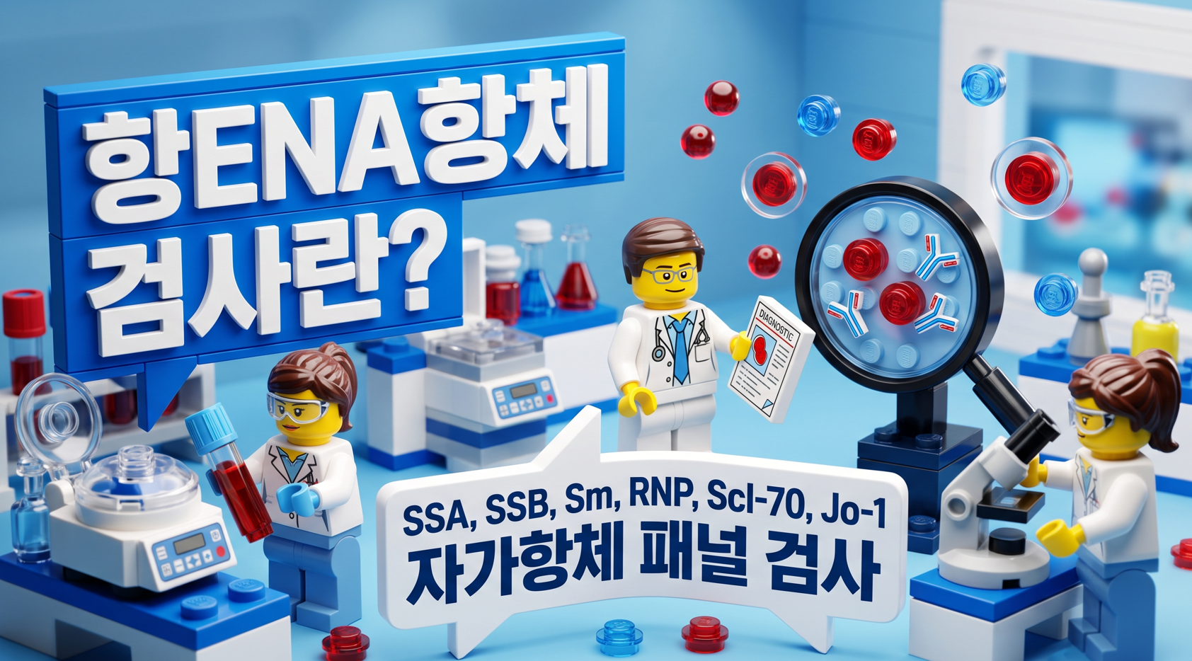 3D 레고 스타일 의료 연구실 디오라마, '항ENA항체 검사란?' 및 SSA, SSB, Sm, RNP, Scl-70, Jo-1 자가항체 패널 검사 한글 텍스트 타일과 연구원 미니피규어