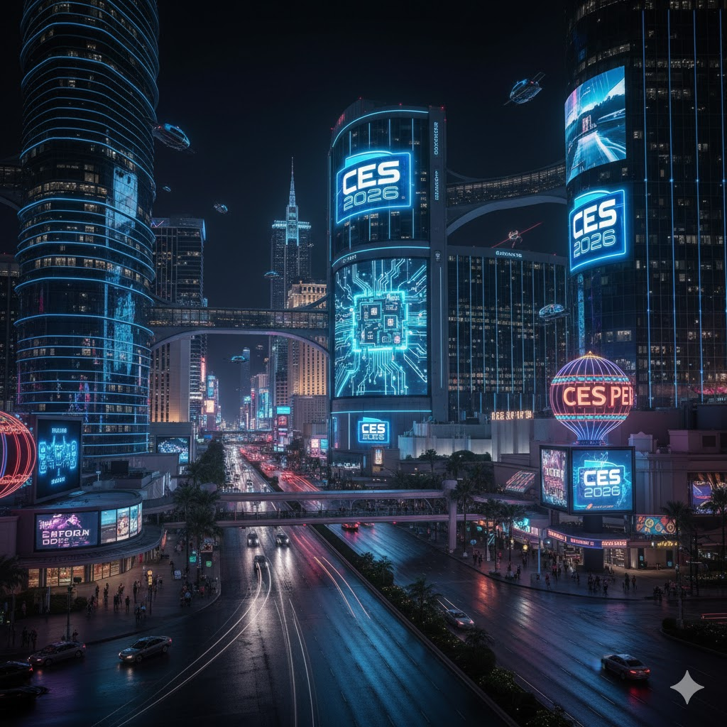 "라스베이거스 CES 2026 전시장 입구의 화려한 풍경"