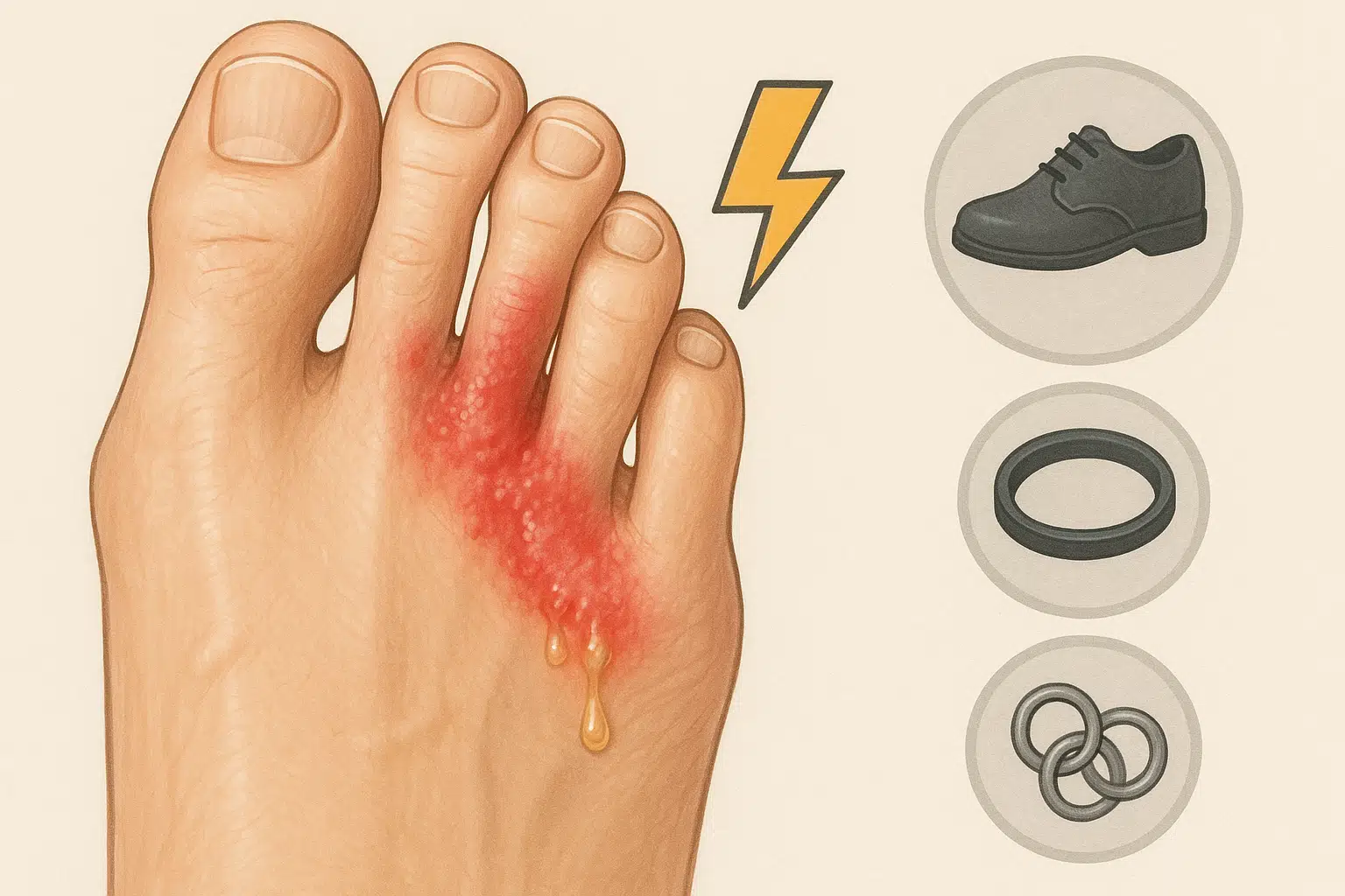 발가락 사이 피부가 붉게 달아오르고 진물이 나는 모습, 옆에는 신발&middot;고무&middot;금속 아이콘 배치, 알레르기 반응을 상징하는 번개 아이콘