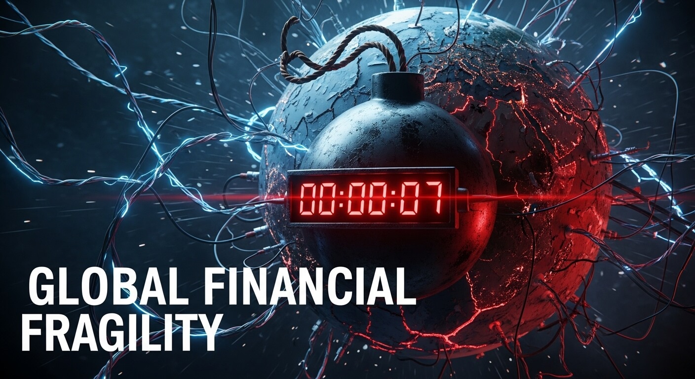 폭탄에 타이먼가 있고 곧 터질것 같은 숫자가 setting 되어있다. 문구에 global financial fragility 라고 쓰여있다