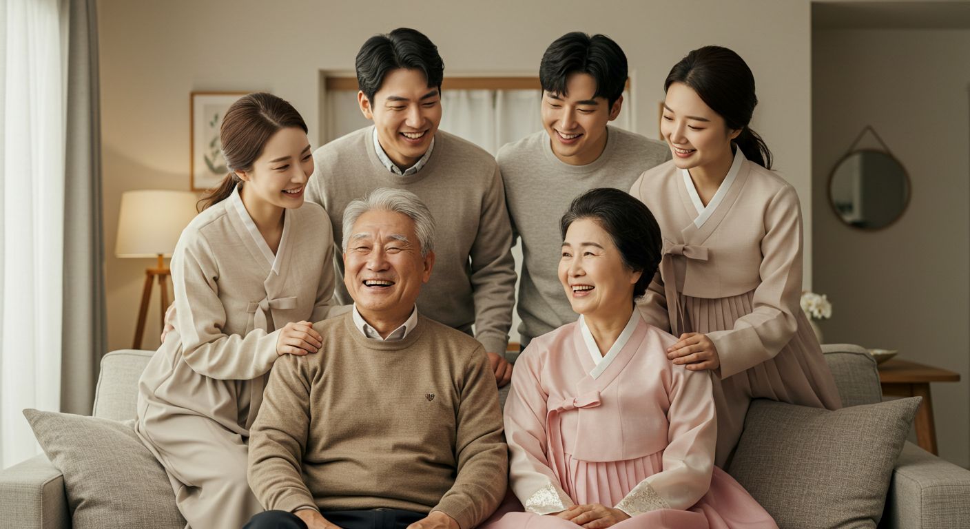 자녀와 함께 웃는 노부부