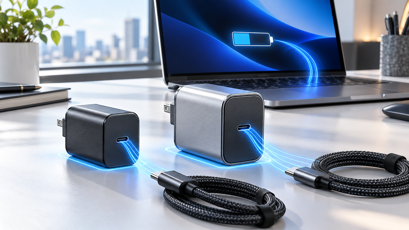 노트북과 65W&middot;100W급 USB-C PD 충전기 및 케이블을 비교한 이미지