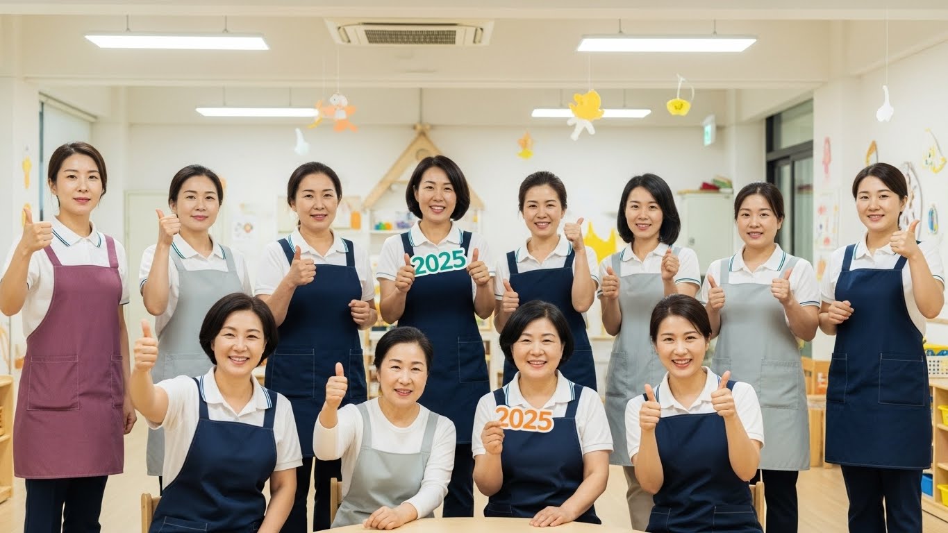 2025년 새롭게 개선된 처우에 기뻐하는 보육 교사들이 밝은 어린이집 교실에서 환하게 웃고 있는 모습