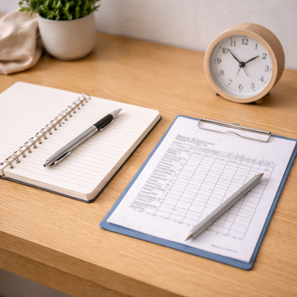 불면증 개선을 위해 수면 일지를 기록하는 습관을 상징한 이미지