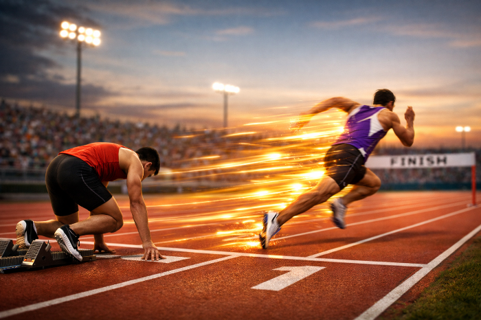 GPU와 LPU의 첫 번째 토큰 생성 시간(TTFT) 차이를 보여주는 육상 경기 비유