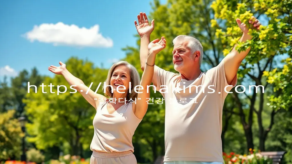 따뜻한 햇살 아래 푸른 공원에서 활짝 웃으며 가볍게 스트레칭하는 50대 여성과 남성 모습.