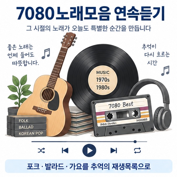 7080노래모음 연속듣기와 통기타 레코드판 카세트 플레이리스트를 보여주는 교육용 이미지