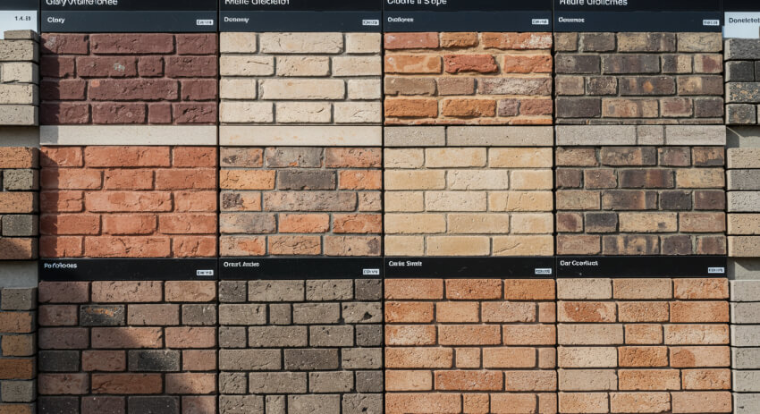 다양한 종류의 치장 벽돌이 전시되어 있는 모습