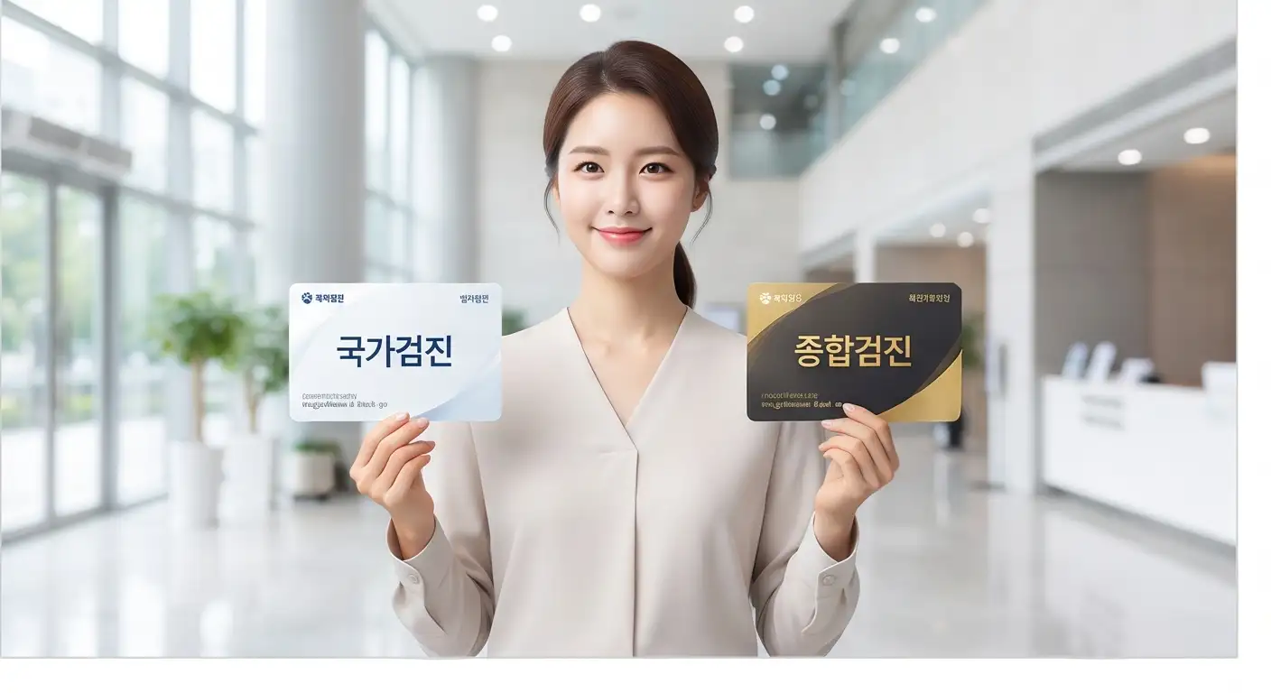 병원 로비에서 각각 '국가검진'과 '종합검진'이 적힌 카드를 양손에 들고 미소 짓는 여성