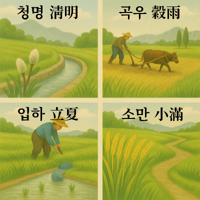 청명 (淸明), 곡우 (穀雨), 입하 (立夏), 소만 (小滿)의 시각적 이미지