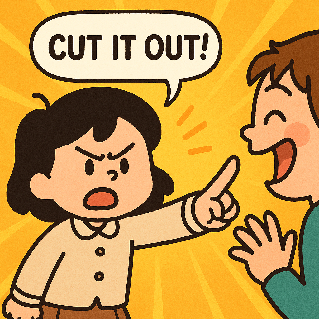 장난치는 친구를 향해 단호하게 손가락질하며 “Cut it out!”이라고 외치는 어린 소녀의 일러스트. 감정을 표현하는 일상 영어를 시각적으로 보여주는 장면.