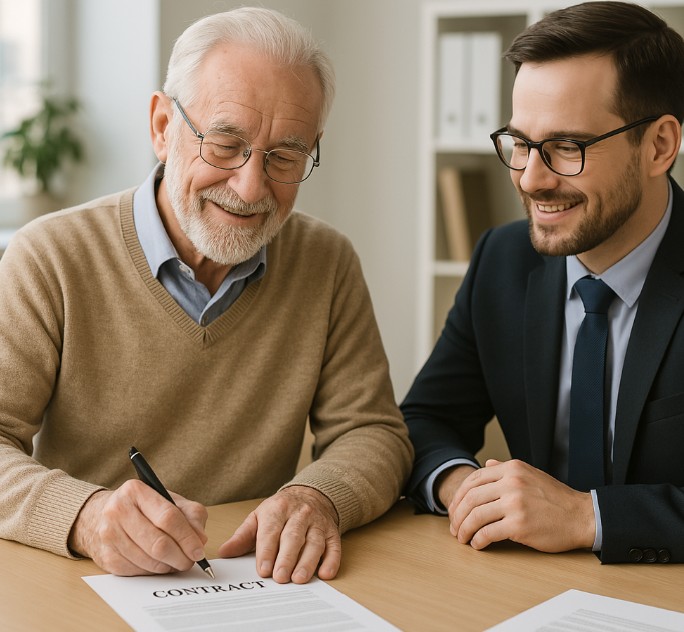 노인이 보험 계약을 하는 이미지