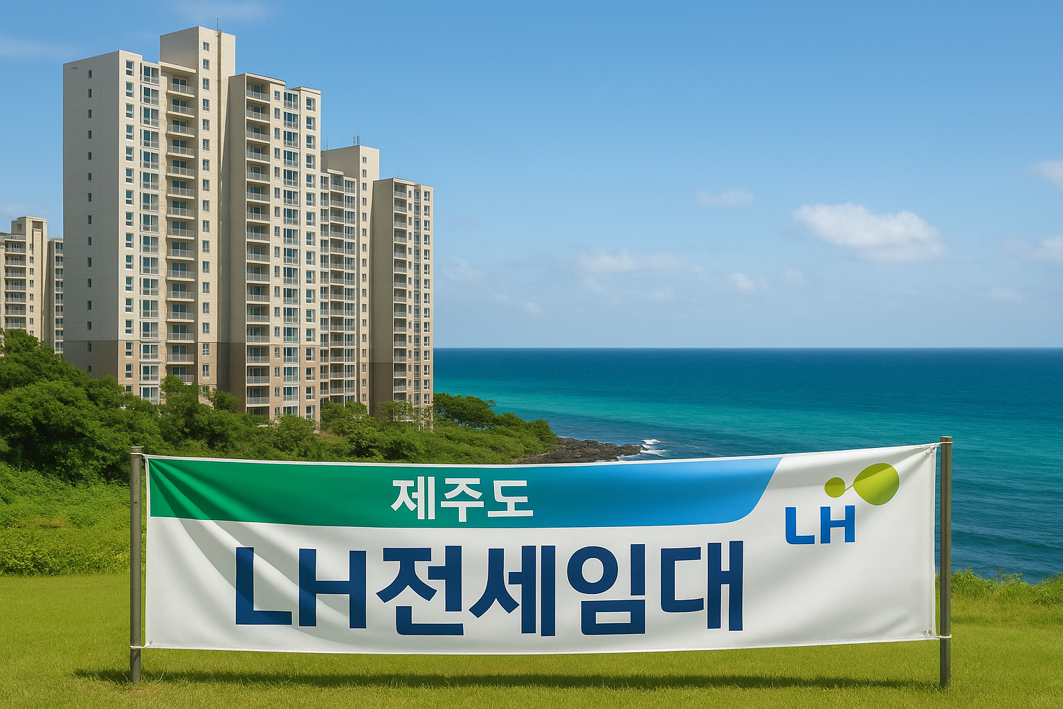 제주 바다를 배경으로 보이는 아파트 단지와 LH전세임대 현수막