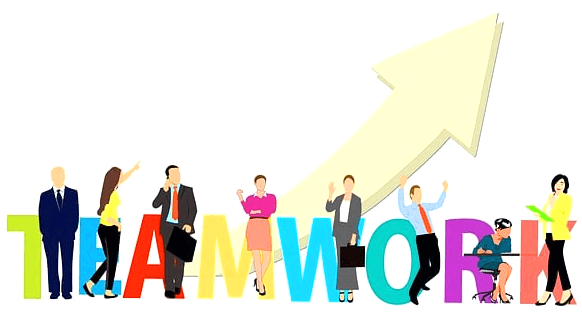 8명의 남자와 여자 회사원들이 서 있다. 검정 양복을 입은 남자들과 노란색, 자주색, 흰색 블라우스를 입은 여자들이다.