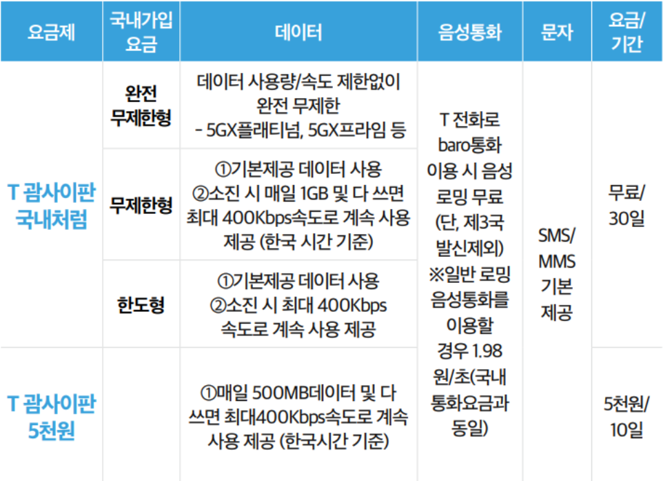 SKT 로밍 요금제 신청