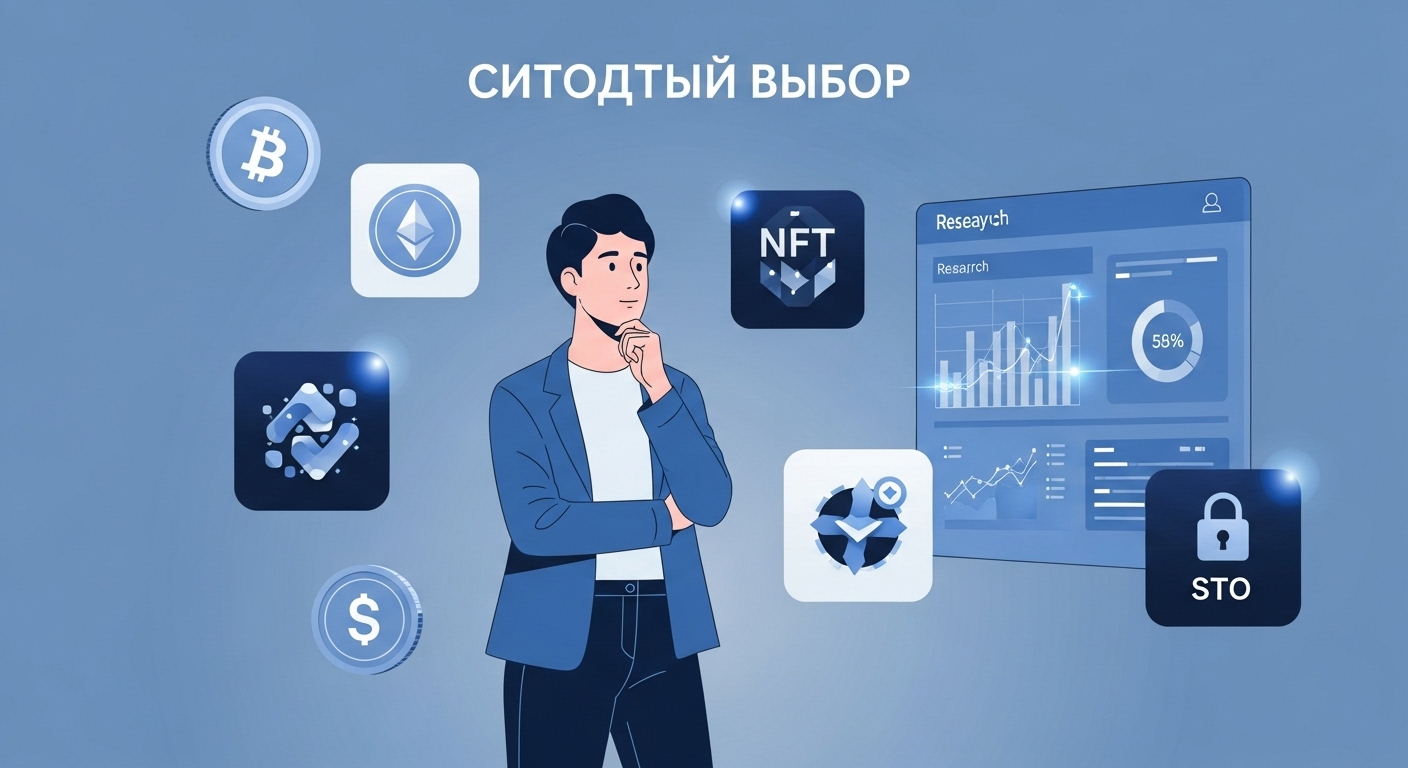 다양한 디지털 자산 아이콘과 데이터 분석 화면에 둘러싸여 현명한 투자를 결정하는 사람의 모습. 신중하고 정보에 기반한 투자 전략을 상징한다.