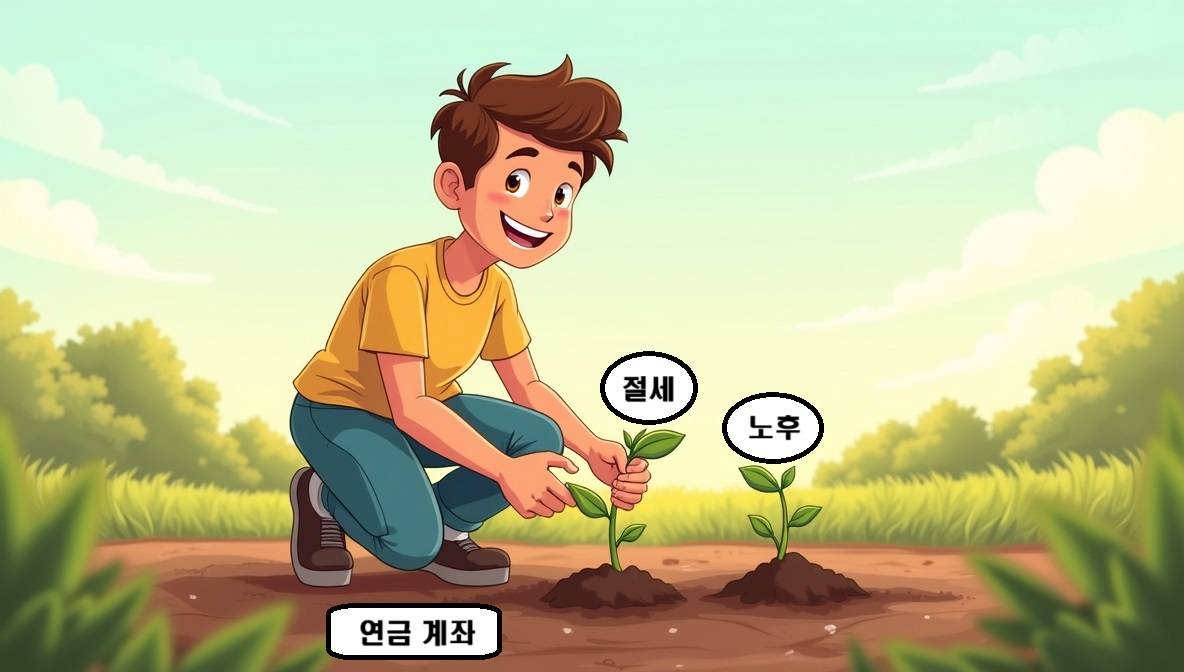 젊은 청년이 '연금계좌'라는 이름의 밭에 '절세'와 '노후'라는 씨앗을 함께 심는 모습의 일러스트