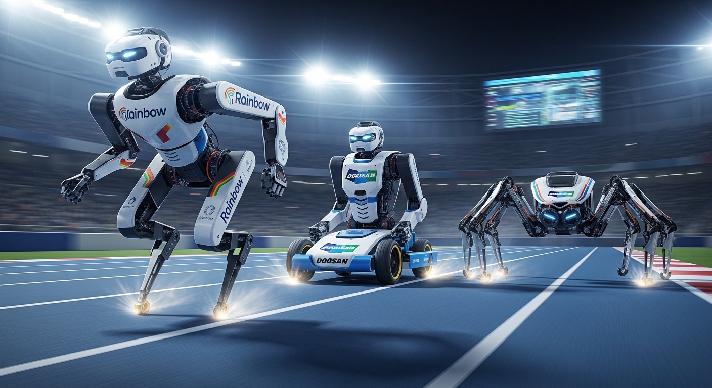 Dynamic image of robots with 'Rainbow' and 'Doosan' logos racing on a track stadium.