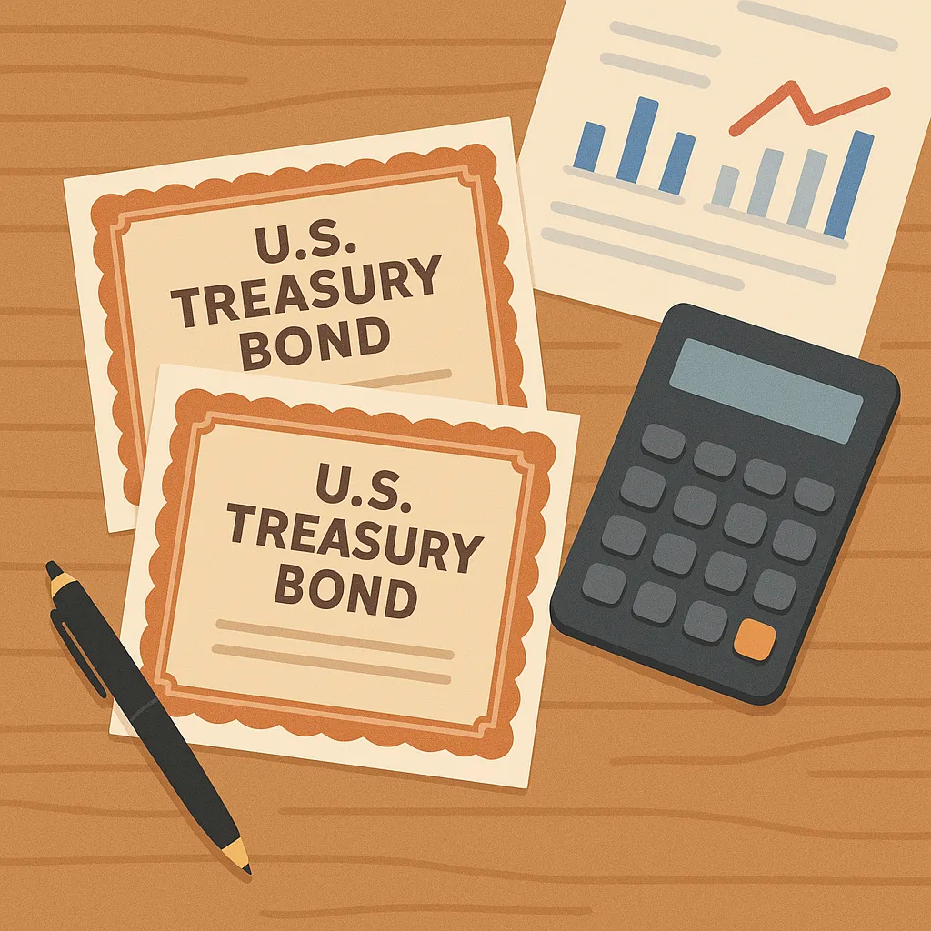 책상 위 미국 국채&amp;#44; 계산기&amp;#44; 차트가 놓인 장면