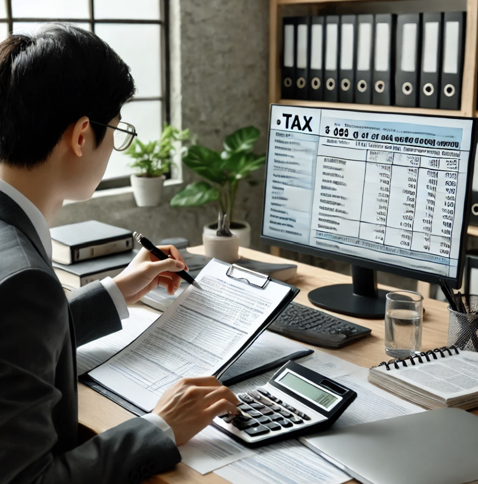 세무서류를 보며 세금을 계산하는 장면