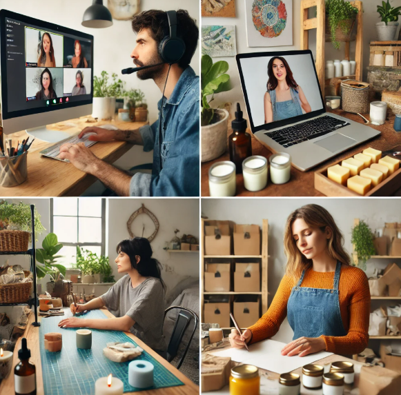 온라인 수업 하는 모습, 그래픽 디자인하는 모습, 비누 제작하는 모습, 쇼핑몰 운영 모습 등의 사진