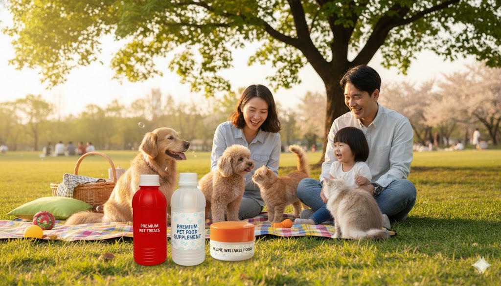 햇살 가득한 공원에서 반려동물과 행복한 시간을 보내는 가족. 다양한 펫 용품들이 함께 연출되어 펫 휴머니제이션 트렌드를 보여줍니다